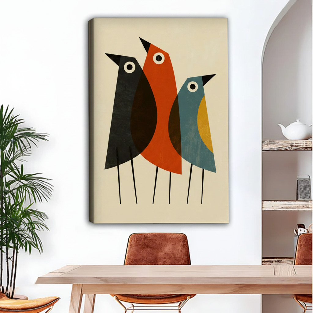 Mid-century modern three birds abstract wall art, geometric bird illustration, cream background, dining room decor