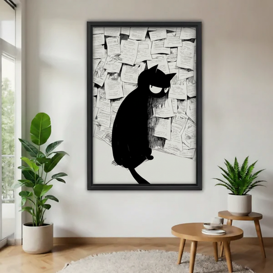 Angry black cat ink sketch canvas wall art print — bold silhouette with sticky notes background, framed, modern home decor