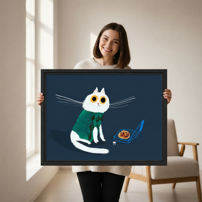 Cat in a sweater with pizza funny wall art — framed canvas print shown in a cozy bedroom setting