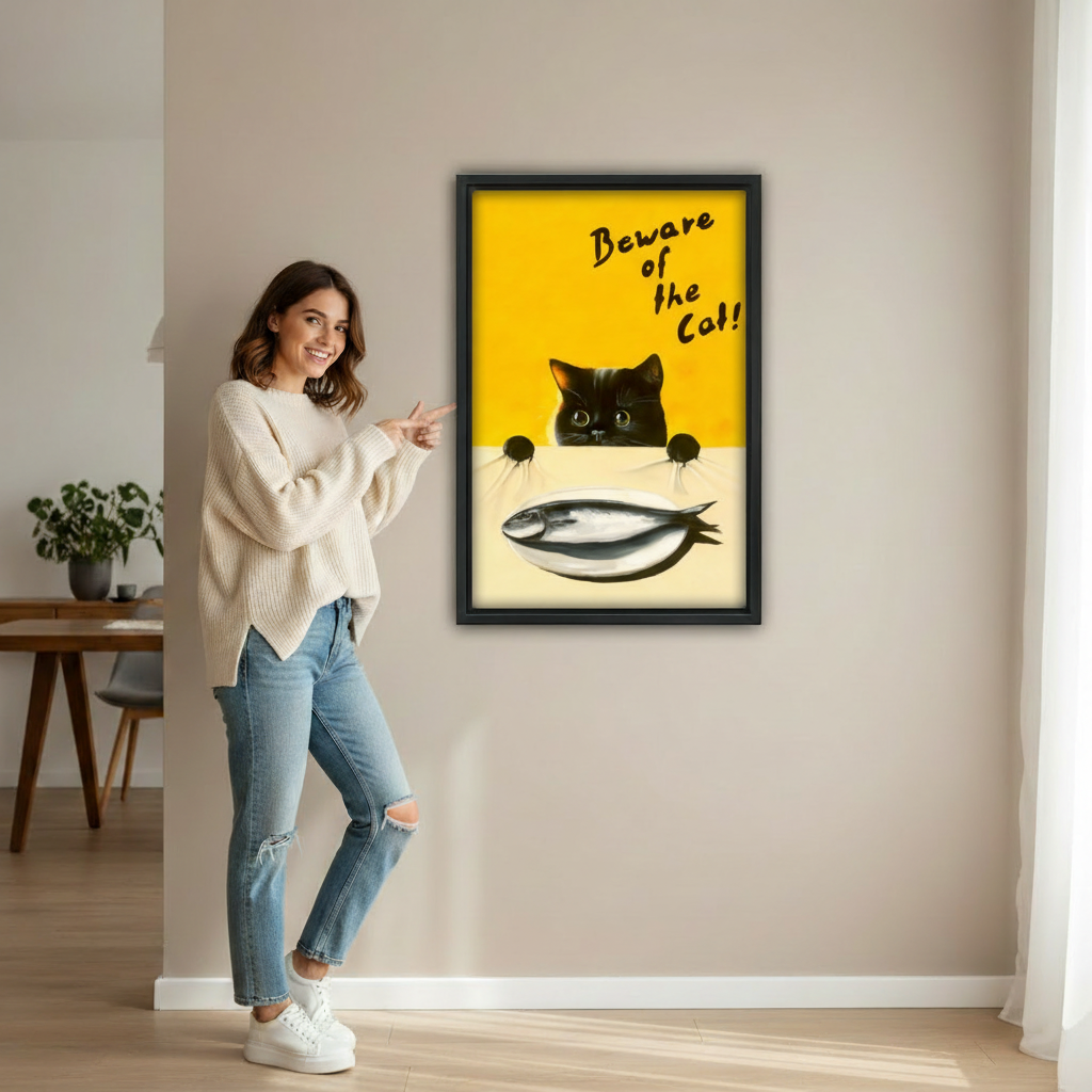 Beware of the Cat retro black cat canvas wall art held up, funny cat lover home decor
