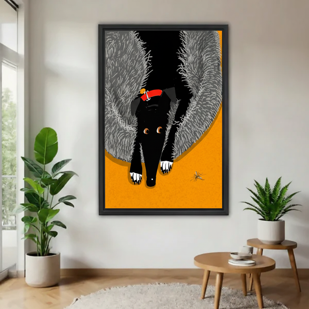 Funny black dog mosquito pop art framed canvas wall art print in black frame — bold graphic greyhound home decor