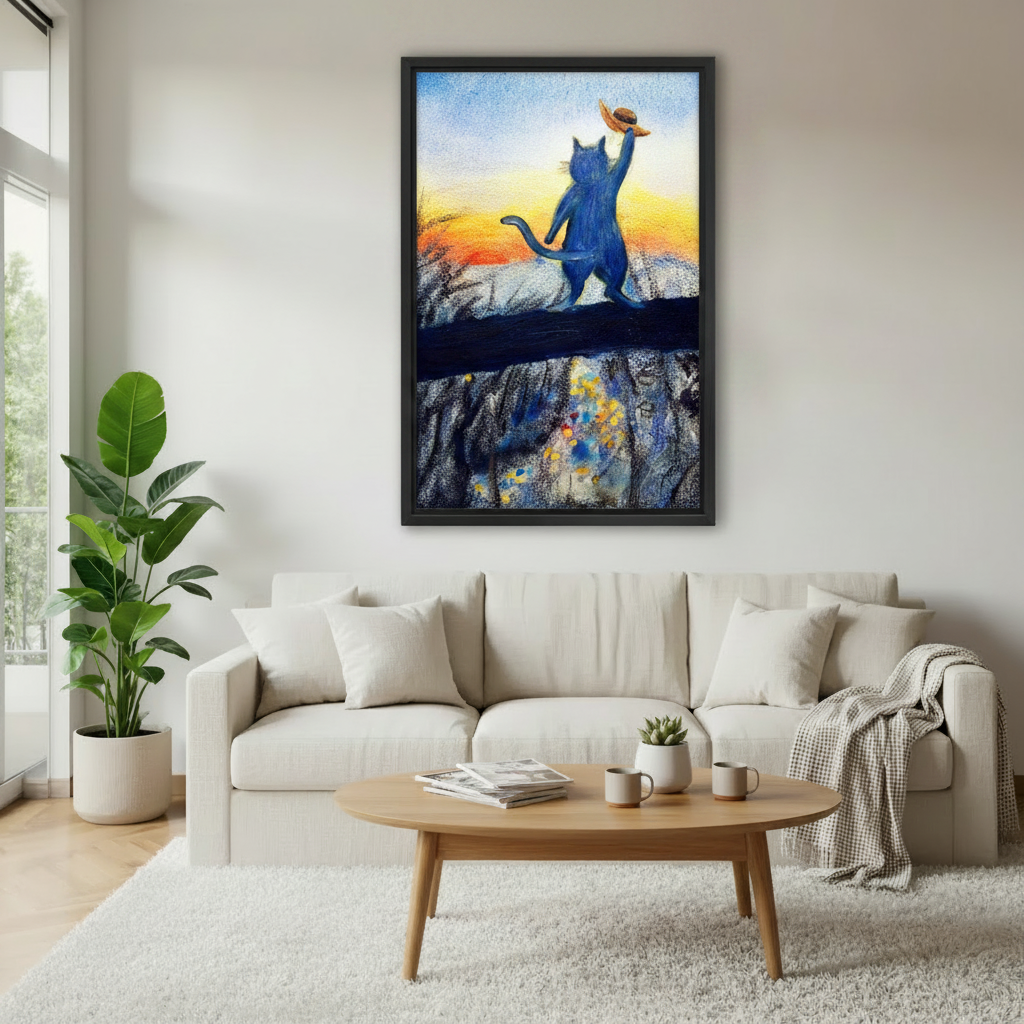 Blue cat raising hat at sunset pastel oil painting framed wall art – black frame, warm orange-gold sky, hung in cozy boho bedroom with rattan headboard and terracotta bedding
