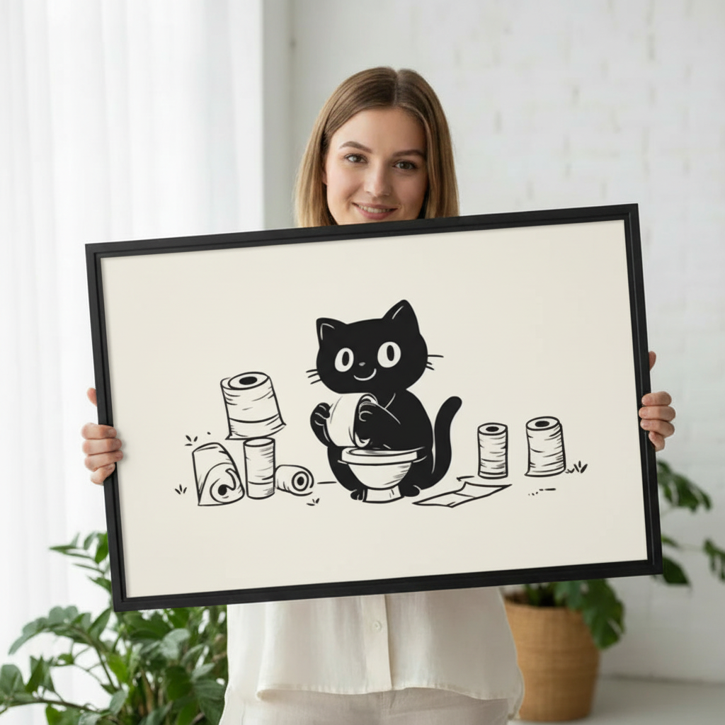 Funny Black Cat Bathroom Minimalist Wall Art Print l2010