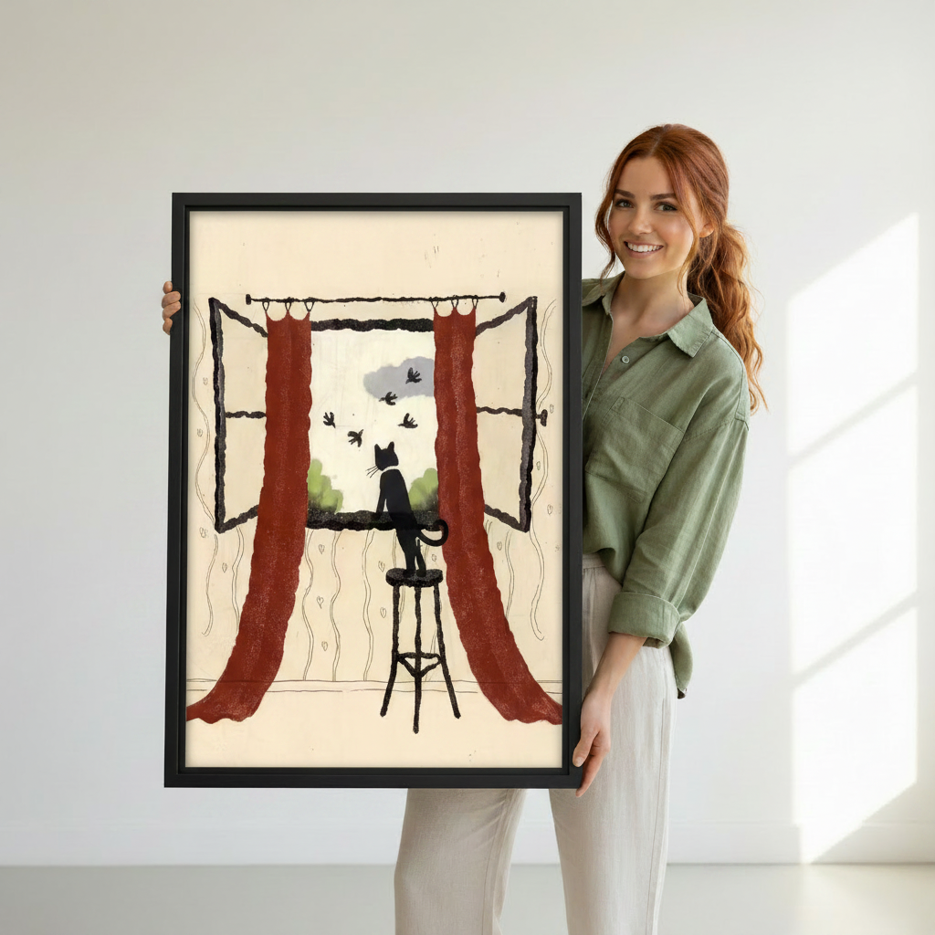 Black cat by the window wall art print — woman holding framed canvas in bright living room, perfect cat lover home decor gift