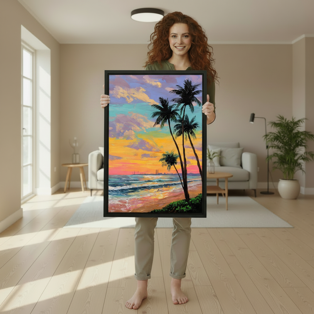 Tropical Beach Sunset Palm Tree Oil Painting Wall Art l1986