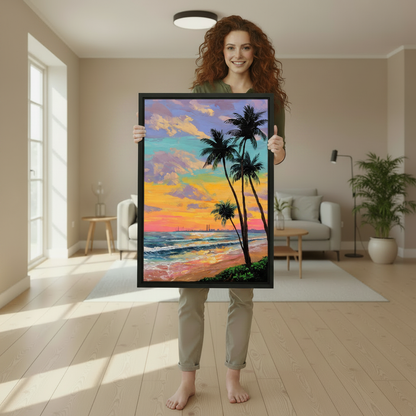 Tropical Beach Sunset Palm Tree Oil Painting Wall Art l1986