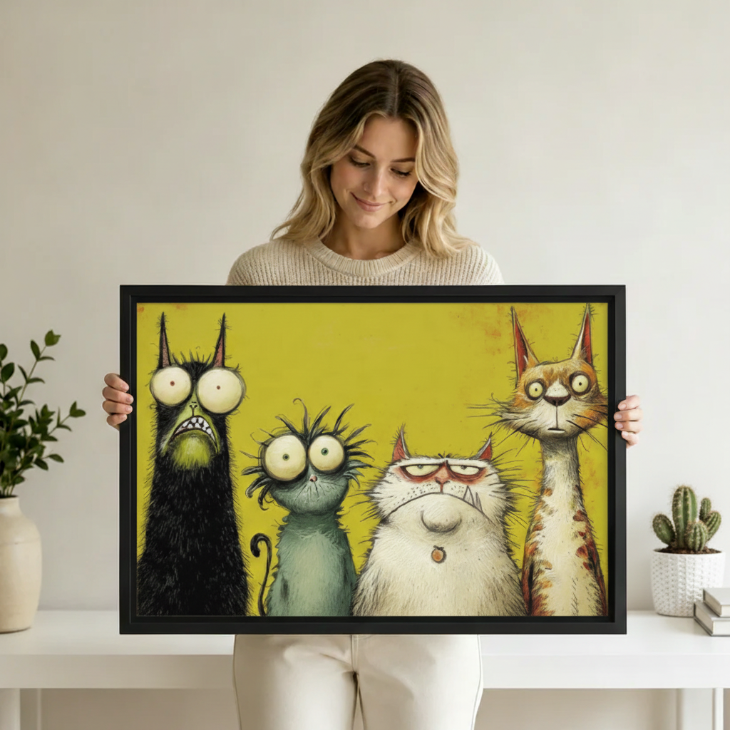 Funny cat gang cartoon wall art print — whimsical wide-eyed cats illustration in black frame for gallery wall display