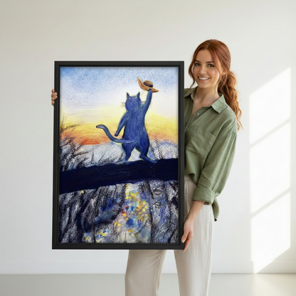 Blue Cat Sunset Hat Pastel Oil Painting Canvas Wall Art l2704