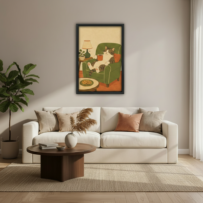 Cozy cat art print in black frame — striped cat lounging in armchair, perfect bedroom or kitchen wall decor