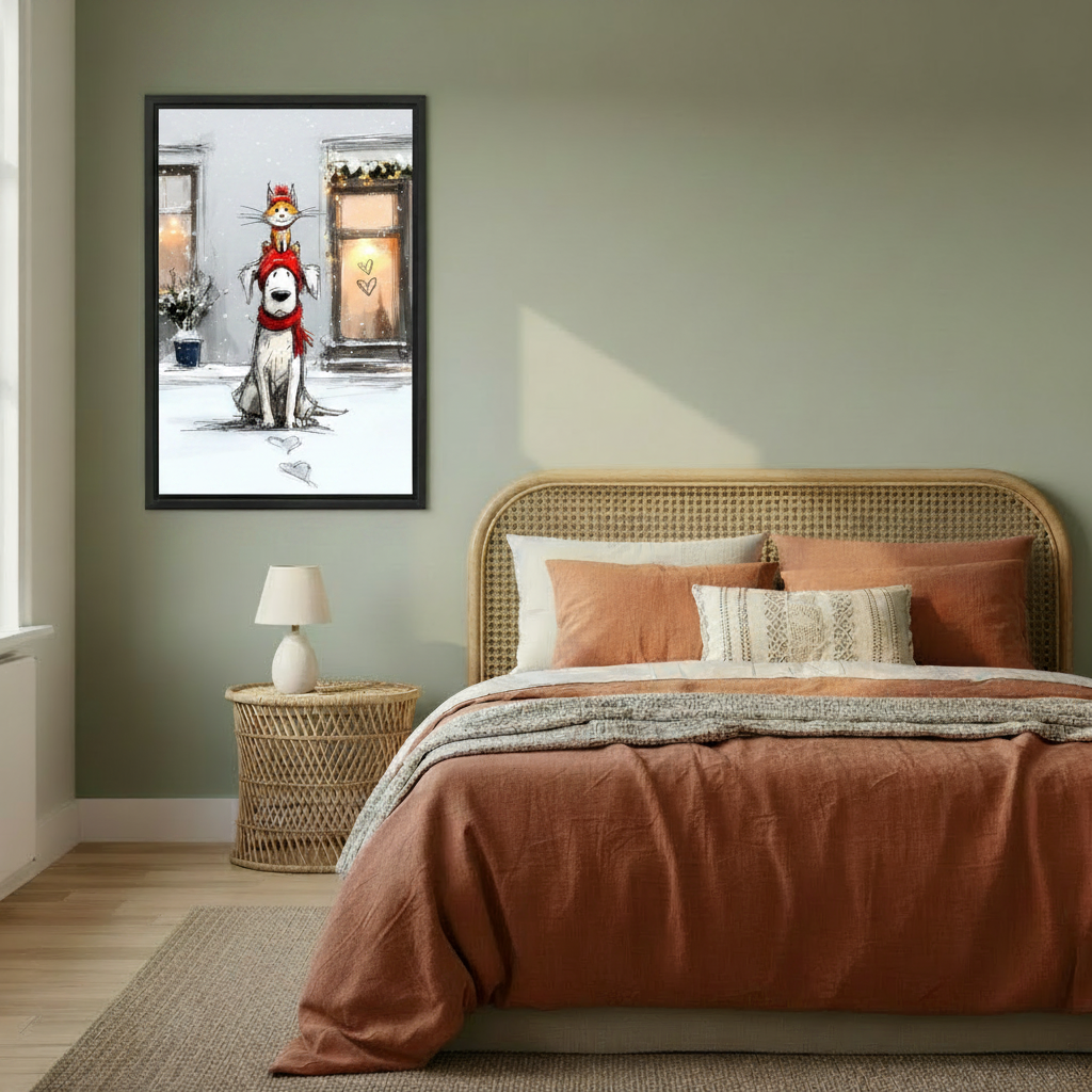Cat and dog winter wall art canvas print displayed in cozy bedroom — whimsical holiday pet decor for bedroom wall