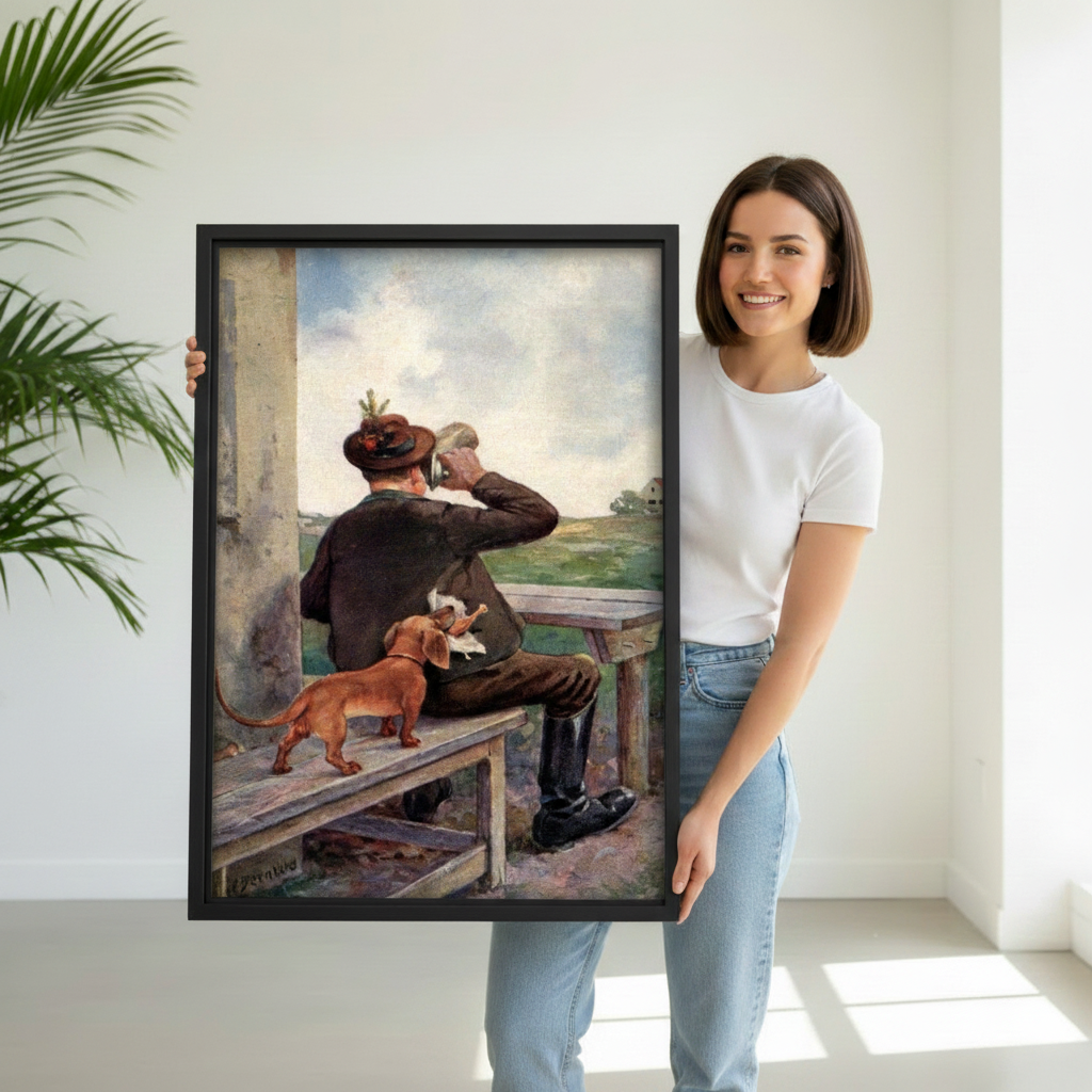 Woman holding vintage hunter dachshund canvas wall art print, classic oil painting dog lover gift idea for rustic home decoration