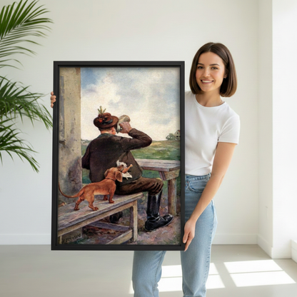 Woman holding vintage hunter dachshund canvas wall art print, classic oil painting dog lover gift idea for rustic home decoration
