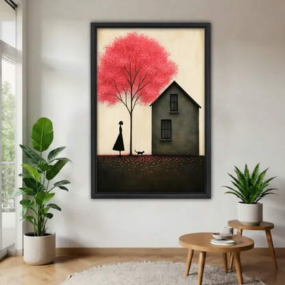 Red tree girl and black cat minimalist framed canvas wall art — poetic silhouette illustration, modern living room decor