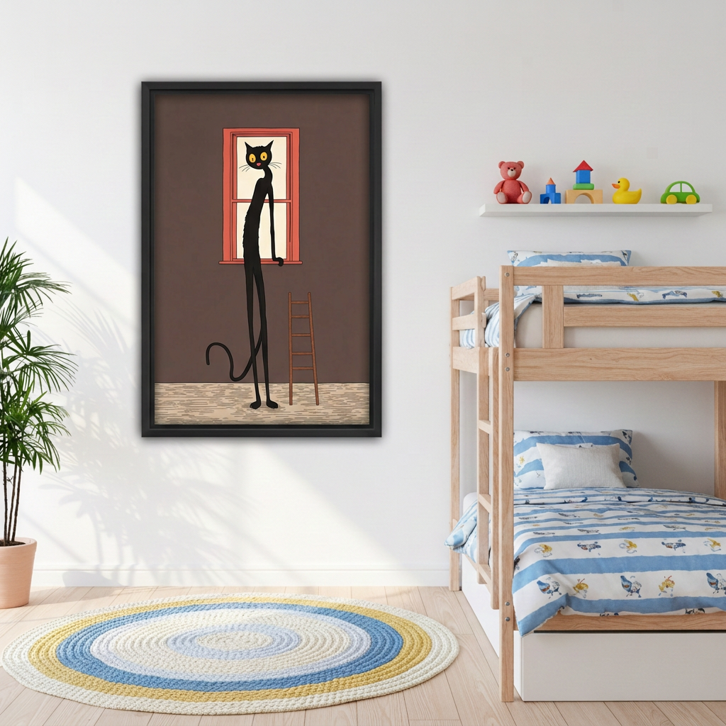 Whimsical Long-Legged Black Cat Canvas Wall Art | Framed & Unframed l4934