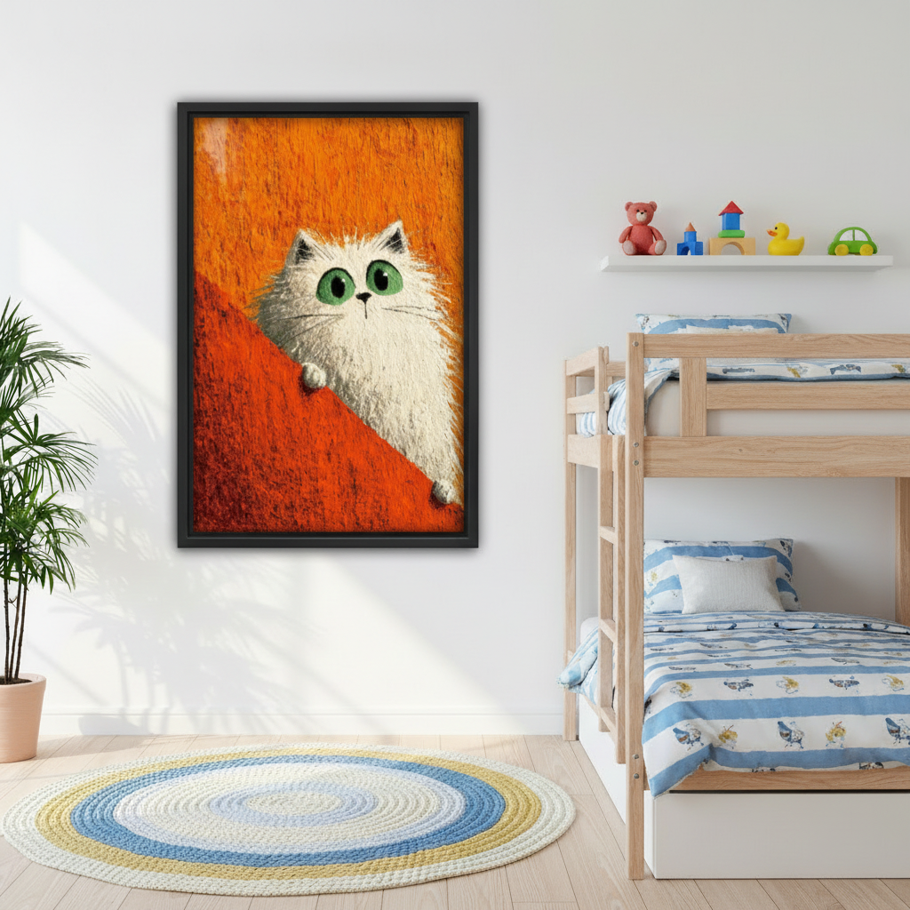Woman holding whimsical white cat framed canvas wall art, black frame, fluffy cat with green eyes pop art print, minimalist white room