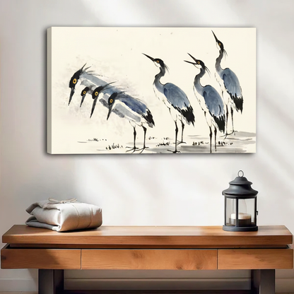 Heron canvas wall art frameless gallery wrap, minimalist Chinese ink bird print displayed above wooden console table, zen home decor