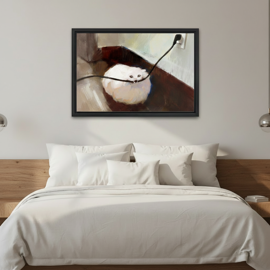 Funny white cat chewing cable impressionist canvas print — woman holding framed art in a bright modern interior