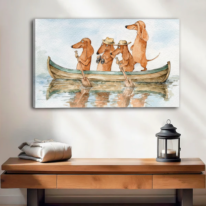 Dachshund rowing boat watercolor canvas art gallery wrap — charming adventure dog wall decor for pet lovers