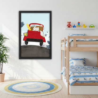 Whimsical cat moving day canvas wall art above gray sofa — funny white cat on red truck illustration, playful home decor for modern living room