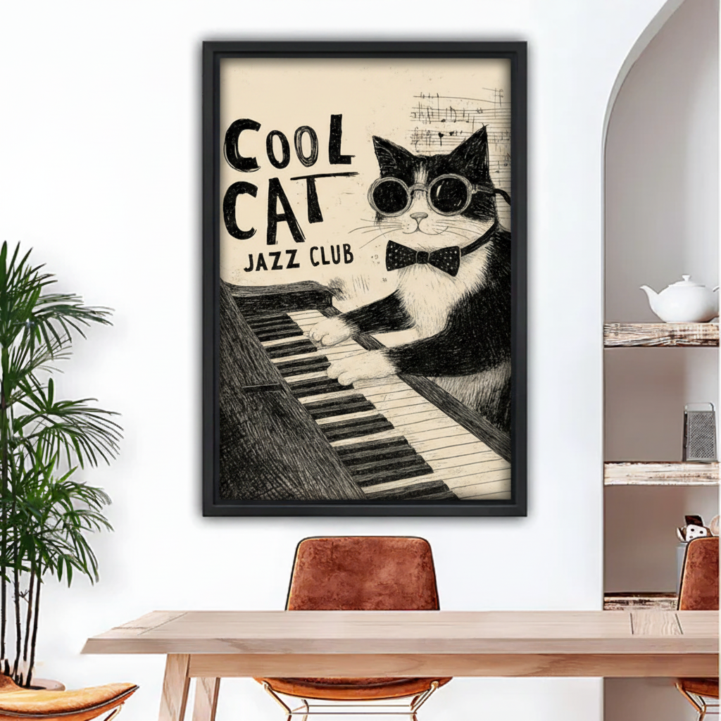 Cool Cat Jazz Club vintage cat playing piano framed wall art print hanging above dining table, retro black cream poster style
