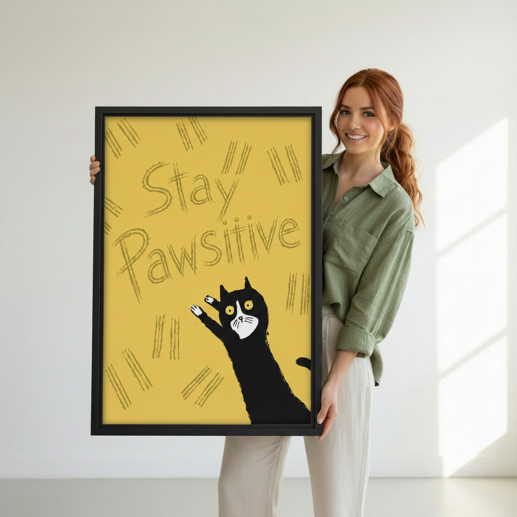 Woman holding Stay Pawsitive black cat retro quote canvas print – black framed wall art, mustard yellow background, funny motivational cat lover gift for home or office decor