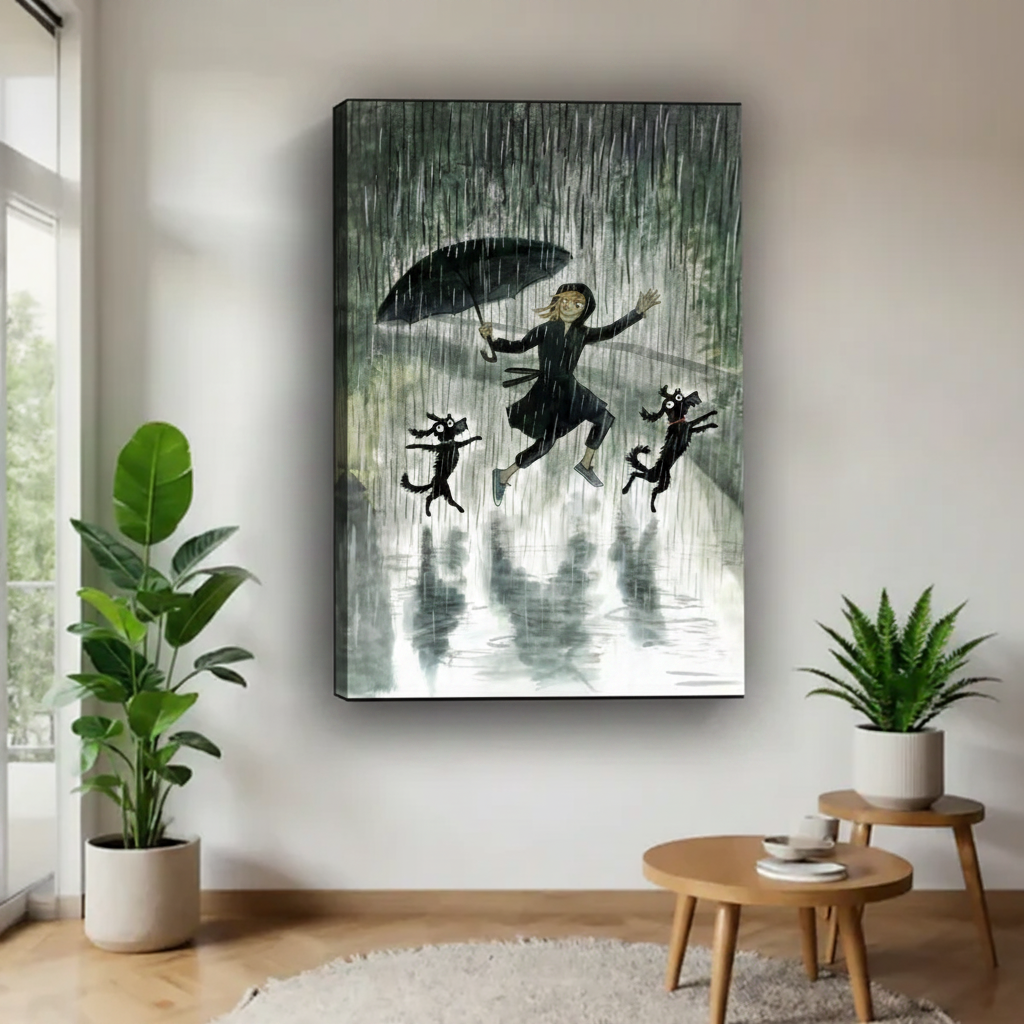 Whimsical girl and cats dancing in rain gallery-wrapped canvas art — joyful anime illustration with water reflections, frameless print for bedroom or hallway decor