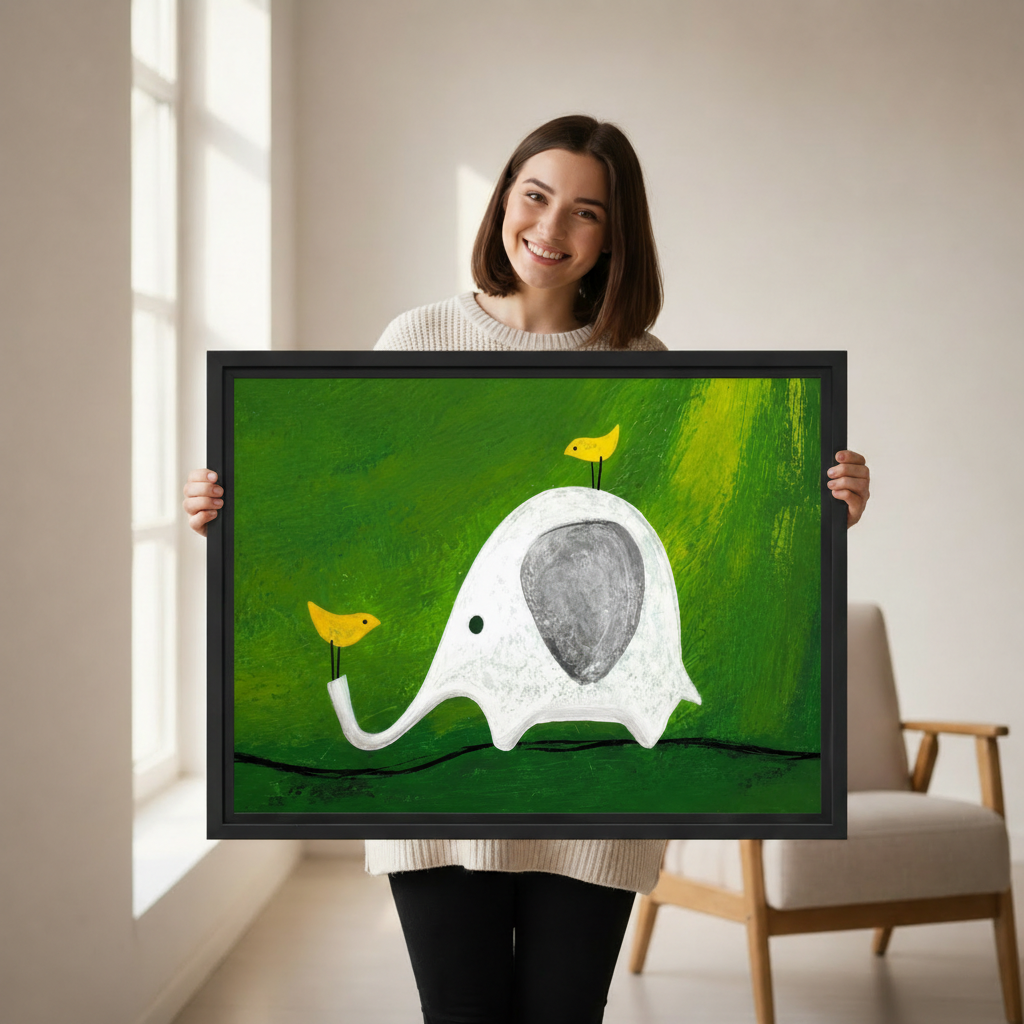 Playful elephant and birds green canvas print, modern home decor for living room or nursery