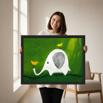 Playful elephant and birds green canvas print, modern home decor for living room or nursery