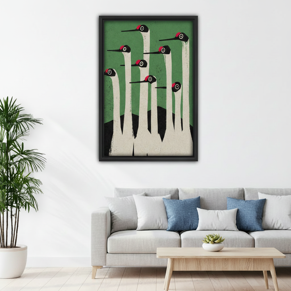 Minimalist Japanese crane wall art print in serene bedroom above bed, elegant green bird canvas decor for peaceful living space