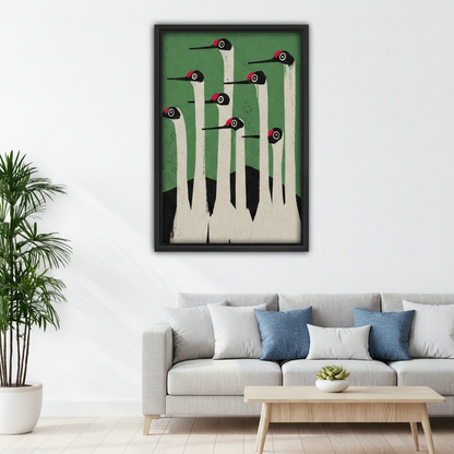 Minimalist Japanese crane wall art print in serene bedroom above bed, elegant green bird canvas decor for peaceful living space