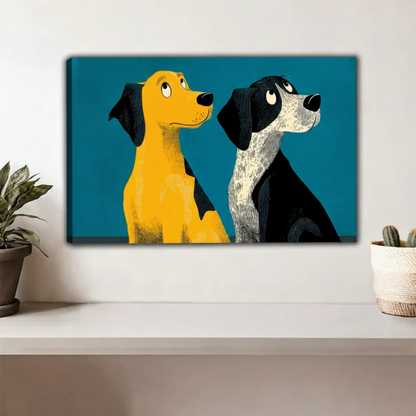 Vintage two dogs wall art print — retro illustration style, bold teal background, living room wall decor