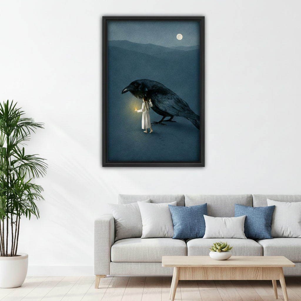 Dark fantasy girl and giant crow moonlit canvas print displayed above bed in atmospheric modern bedroom