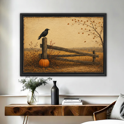 Antique-style oil painting of solitary black crow on fence post with orange pumpkin in golden fall meadow framed canvas above walnut console table with black vase