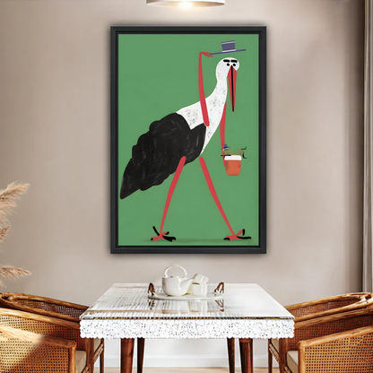 Gentleman stork with coffee framed canvas wall art, black frame, green quirky bird illustration, displayed above glass dining table with rattan chairs