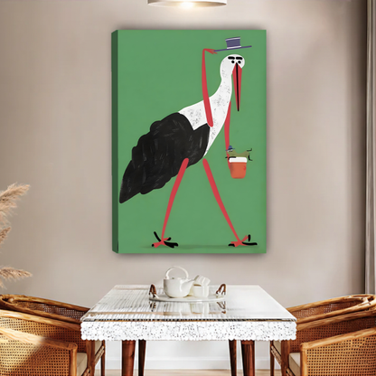 Gentleman stork coffee illustration gallery wrap canvas, frameless green whimsical bird wall art, hung above dining table in boho room with wicker chairs