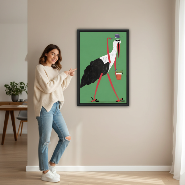 Gentleman stork with coffee green illustration framed canvas art, black frame, woman pointing at quirky bird wall art in modern hallway