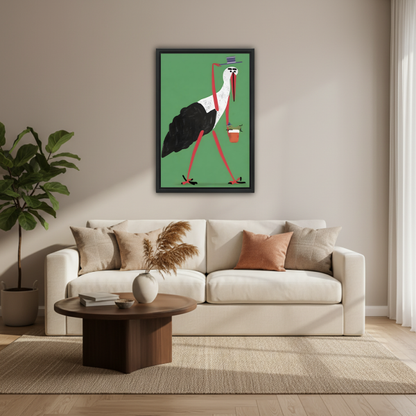 Gentleman stork with coffee framed wall art, black frame green whimsical bird illustration, living room decor above beige sofa with round coffee table