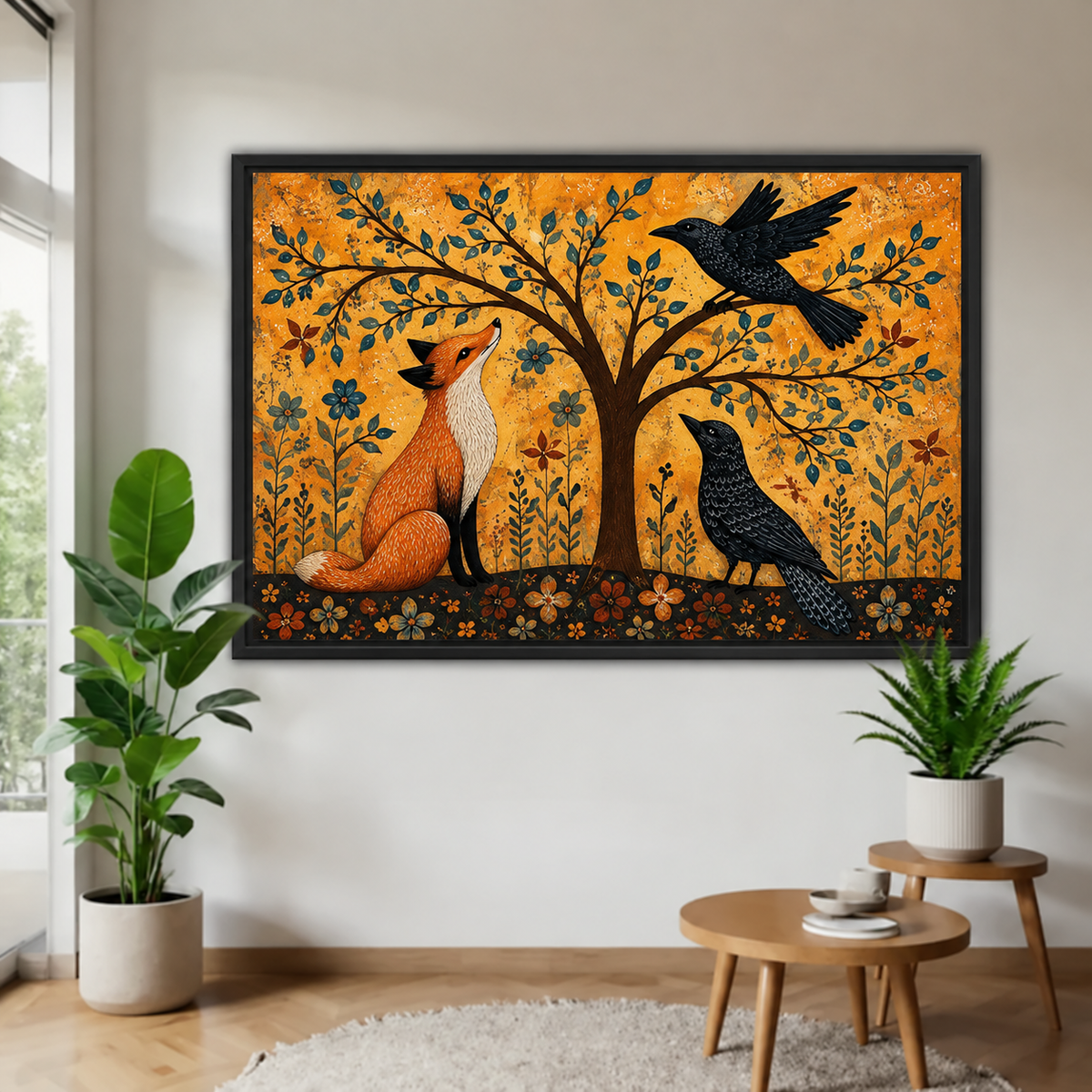 Folk Art Fox and Raven Canvas Wall Art Y666