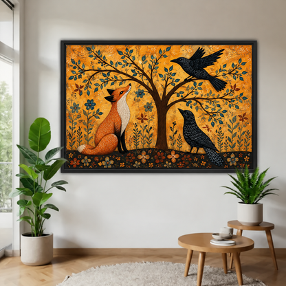 Folk Art Fox and Raven Canvas Wall Art Y666