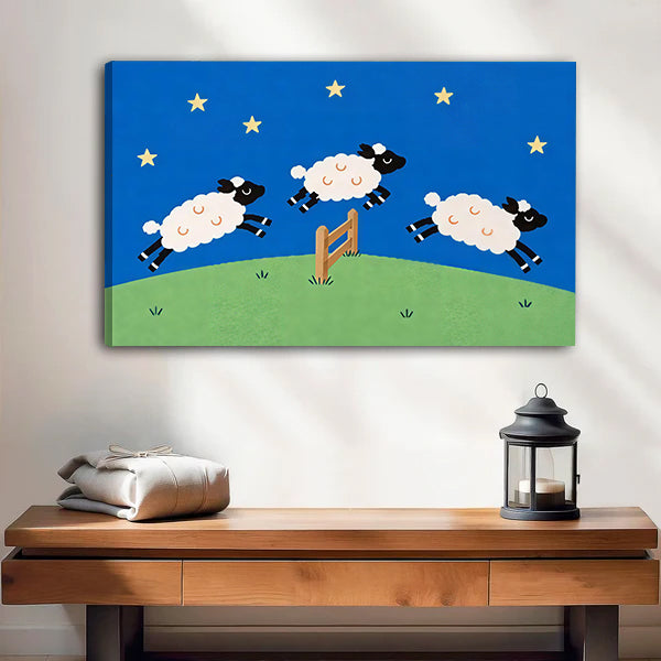 Three Leaping Night Sheep Canvas Wall Art unframed above a wood console with lantern and folded linen.