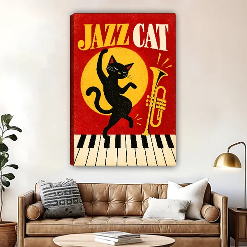 Dancing Jazz Cat Canvas Wall Art unframed above a brown leather sofa and brass lamp.