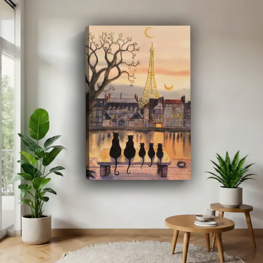 Frameless canvas wall art of black cats watching Eiffel Tower