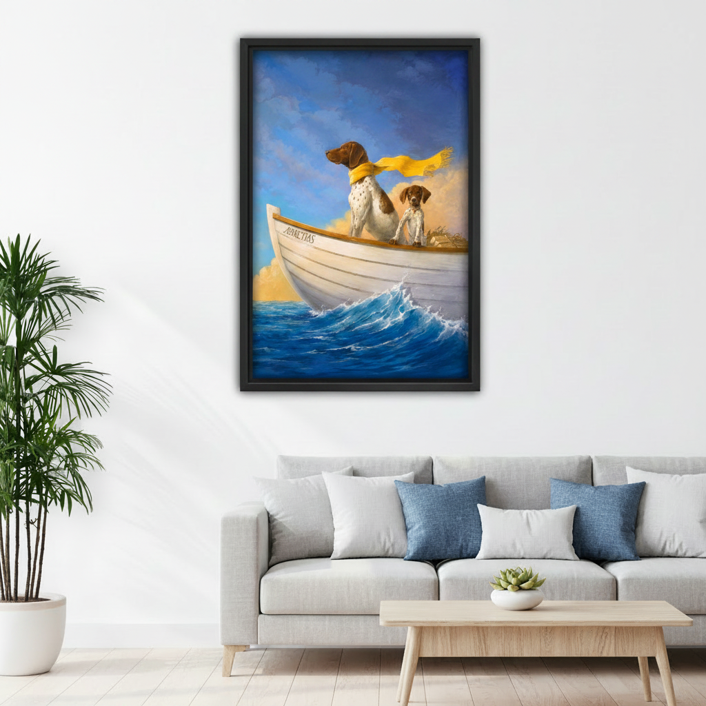 Oil painting dogs on sailing boat framed wall art above grey sofa as dramatic nautical living room decor