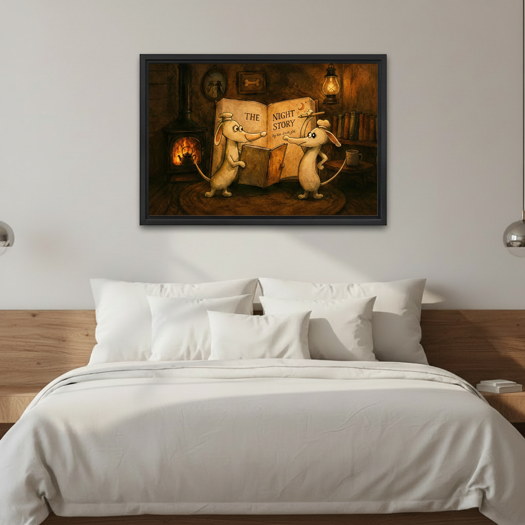 Two Mice reading The Night Story book by fireplace framed canvas print hung above white bed in modern bedroom