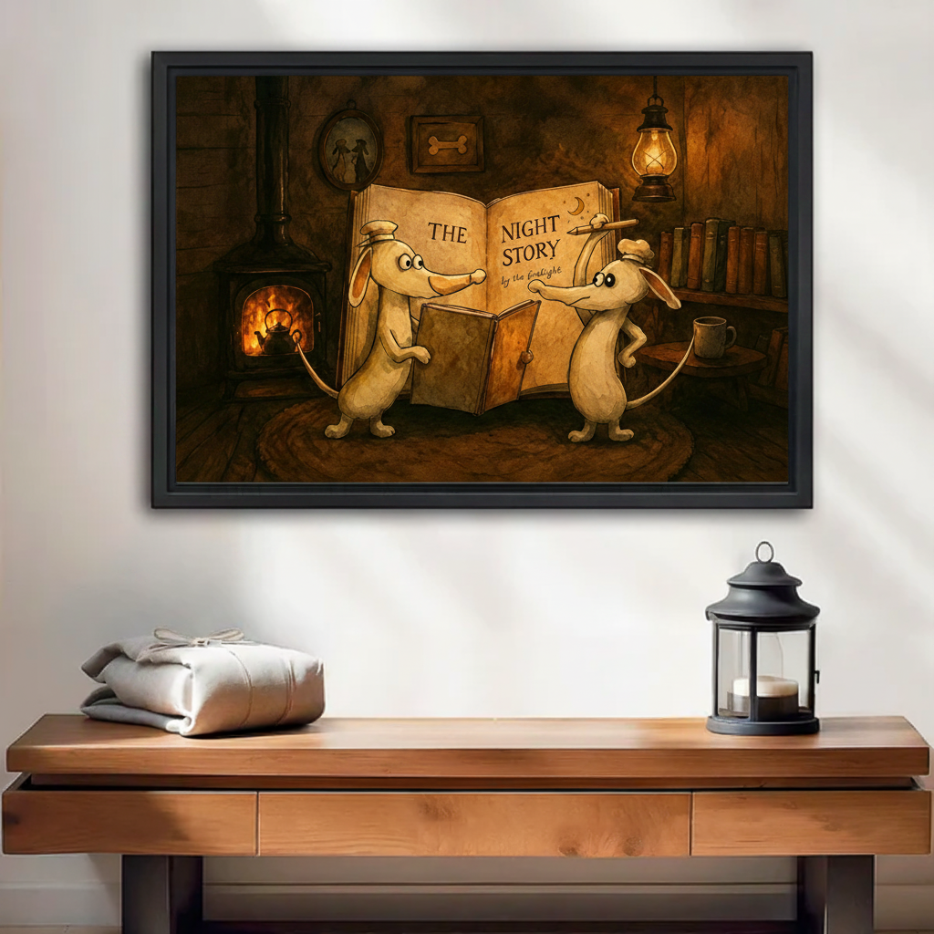 Two Mice reading The Night Story book by fireplace framed canvas print displayed above wooden console table in entryway