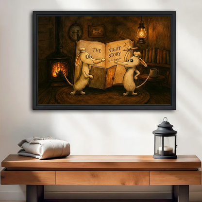 Two Mice reading The Night Story book by fireplace framed canvas print displayed above wooden console table in entryway