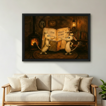 Two Mice reading The Night Story book by fireplace framed canvas print displayed above beige sofa in living room