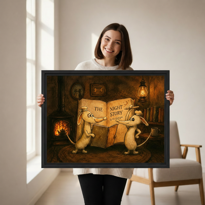Woman holding Two Mice night story fireplace framed canvas wall art size reference display