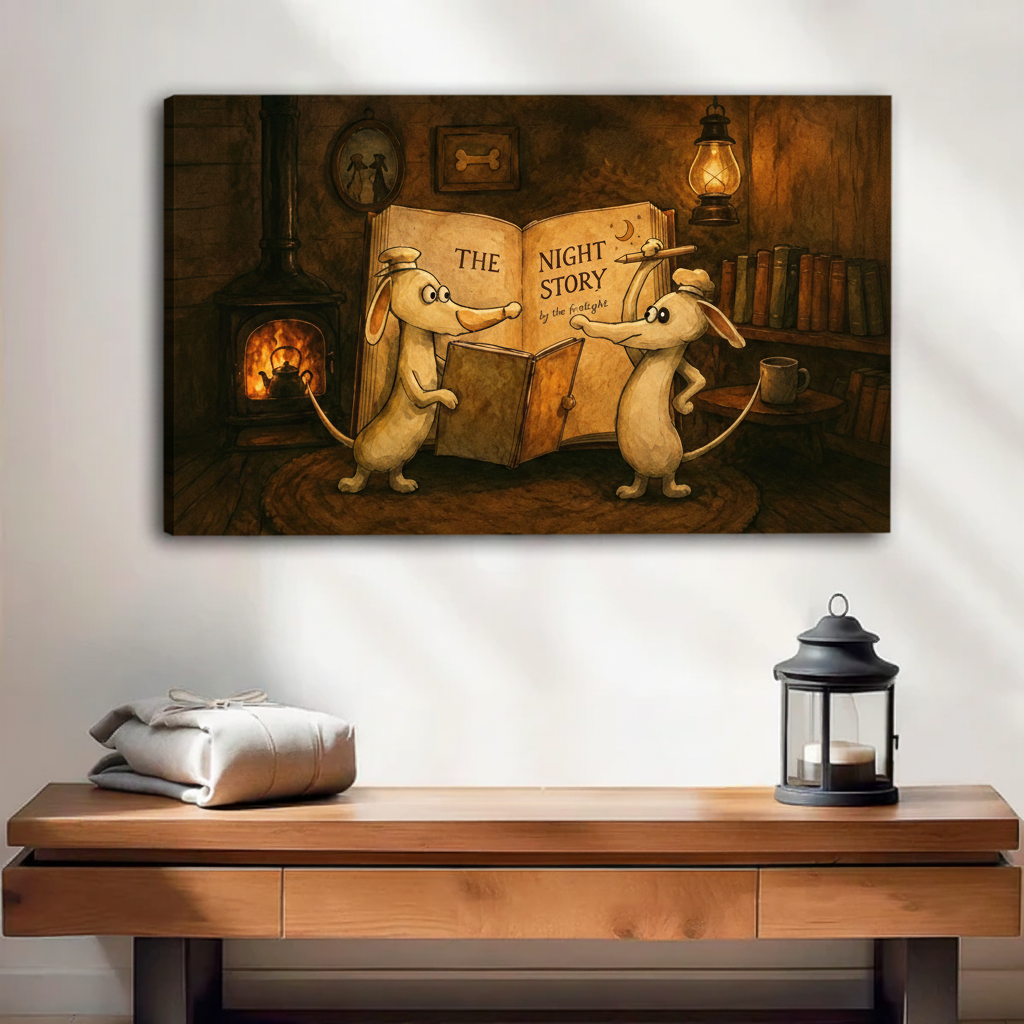 Two Mice reading The Night Story book by fireplace gallery wrap canvas print above wooden console table in entryway