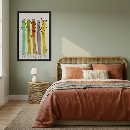 Whimsical dog musician framed wall art hanging above beige sofa in cozy living room setting